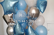 СВязка из шаров с гелием голубого и серебряного цвета на выписку из роддома мальчика