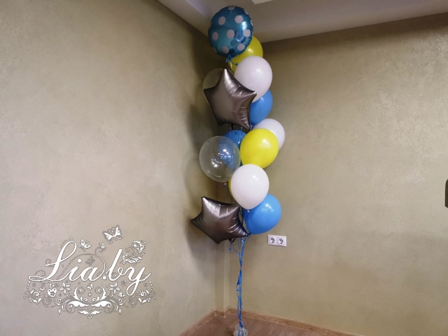 Украшение облаками из шаров с подвесными капельками на юбилейное мероприятие в институт МИНГАЗА, фонтан из шаров с гелием