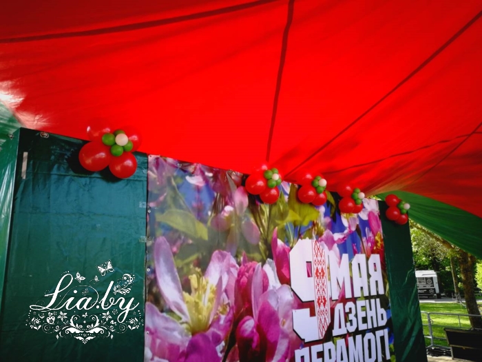 Украшение к 9 мая шарами-цветами сцены в городском парке