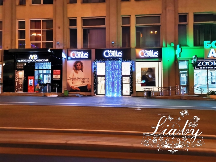 украшение на проспекте Независимости в Минске магазина модной одежды Conte снаружи магазин украшался световой гирляндой - завесой дождь и хвойным обрамлением с игрушками