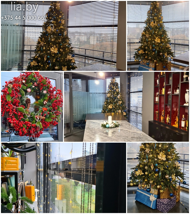 красные хвойные украшения и ель на новый год