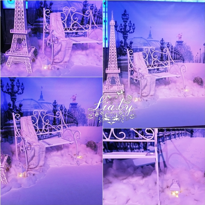 французская фотозона парижская аллея с лавкой, фонарем и макетом эйфелевой башни белая лавка