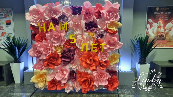 Украшение банно-оздоровительного комплекса Мандарин фотозоной в виде стены из бумажных цветов к 5 летнему юбилею. Фотозона установлена в фойе