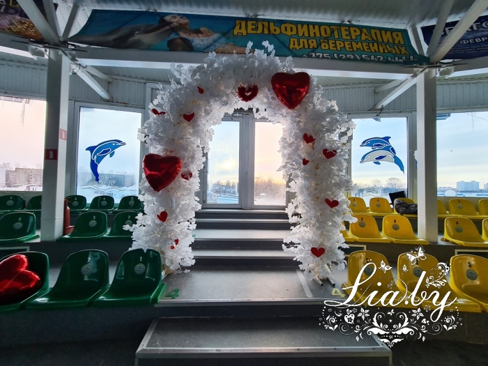 украшение дельфинария Немо в Минске на 14 февраля аркой и деревьями белыми с гингко-билобой,а также красными фольгированными сердцами и бумажными сердечками