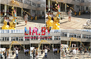 украшение на выпускной в Минске шарами, цветами, тканями Гимназия №24