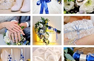 Синяя свадьба. Украшение свадьбы под ключ в синем цвете, разработка макета, букеты, аксессуары для фотосессии, бокалы, ленты. Свадебные аксессуары, флористика.