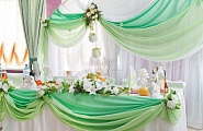 Украшение стола для молодых тканью и драпировка фона под стиль стола в бело-зеленых тонах